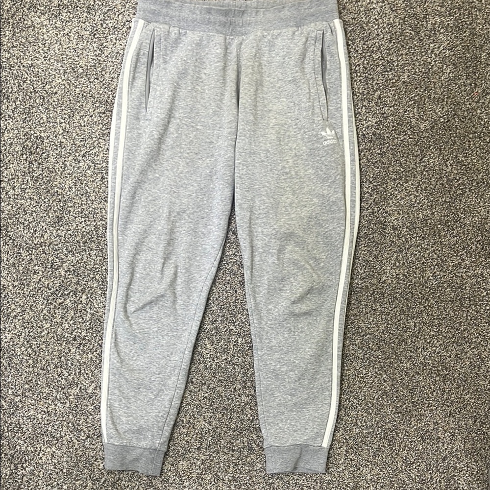Adidas Gray Trefoil Joggers Sweats with White Stripes